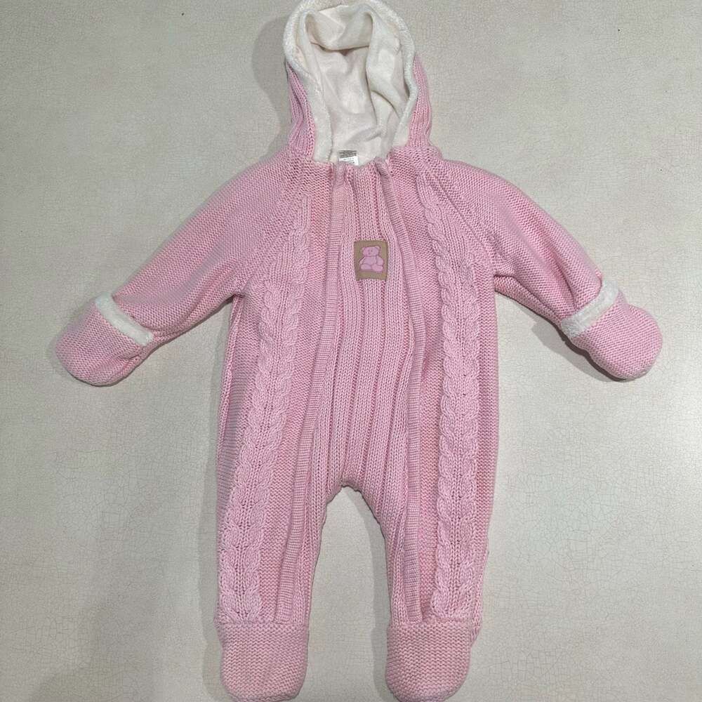 Baby Girls Pink Cable Knit Hooded Bunting Snowsuit Teddy Bear 3-6 Months